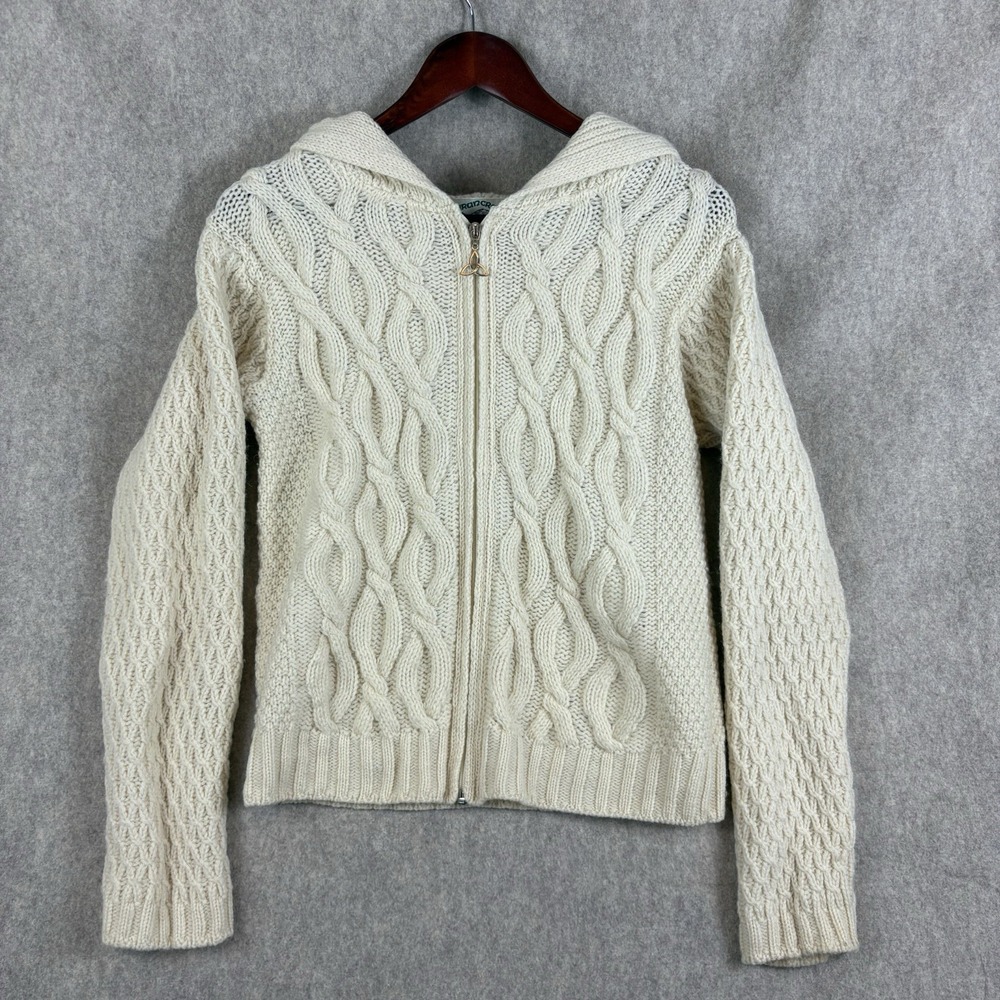 Aran Crafts Women's Cable Knit Cardigan Sweater Merino Wool Hooded Zip Small